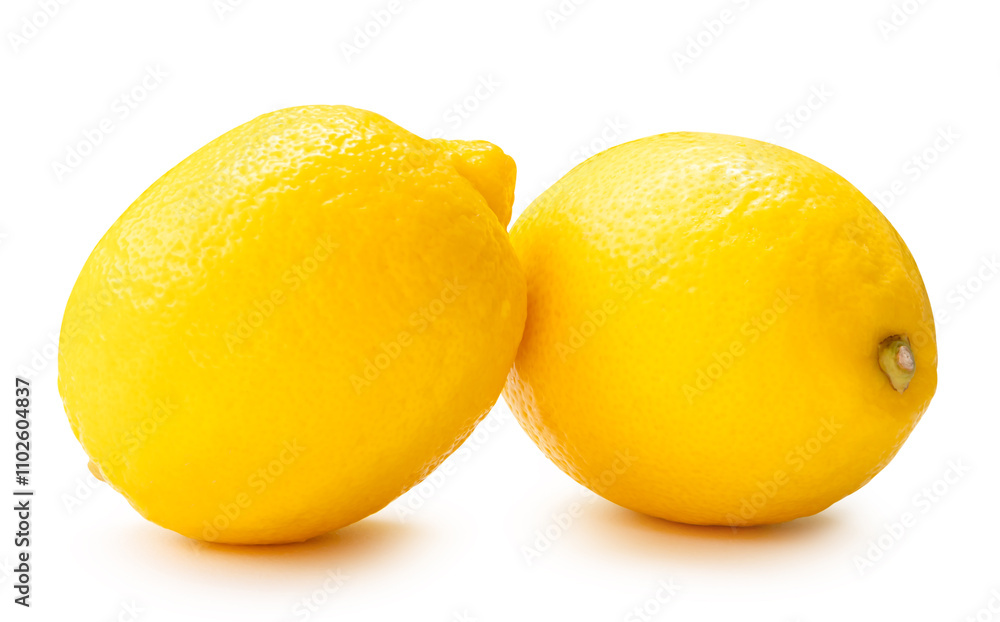 Side view of two fresh ripe yellow lemon fruit in stack isolated on white background with clipping path Side view of two fresh ripe yellow lemon fruit in stack isolated on white background with clipping path