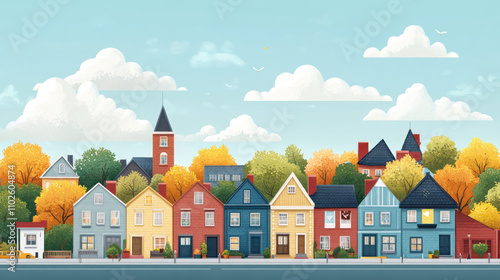 Colorful houses line street under bright sky with fluffy clouds. scene features vibrant autumn trees, creating cheerful and inviting atmosphere