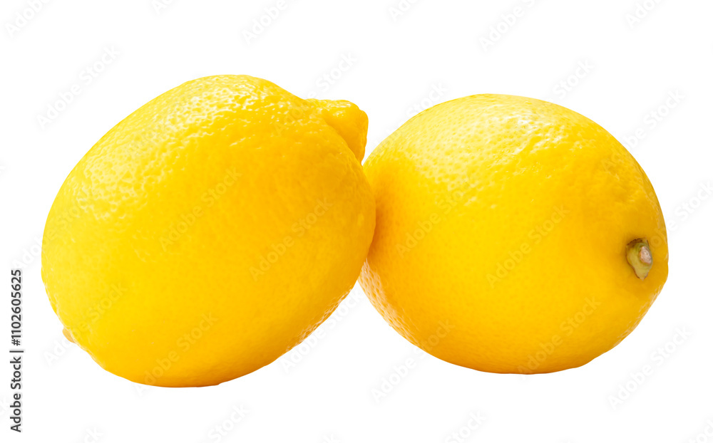 Side view of two fresh ripe yellow lemon fruit in stack isolated with clipping path in png file format Side view of two fresh ripe yellow lemon fruit in stack isolated with clipping path in png file format