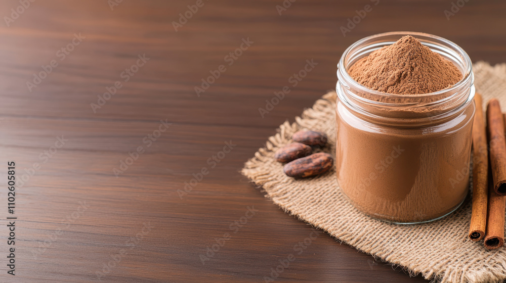 Rich cocoa powder in glass jar, surrounded by cocoa beans and cinnamon sticks, evokes warm, inviting atmosphere perfect for baking or hot beverages Rich cocoa powder in glass jar, surrounded by cocoa beans and cinnamon sticks, evokes warm, inviting atmosphere perfect for baking or hot beverages