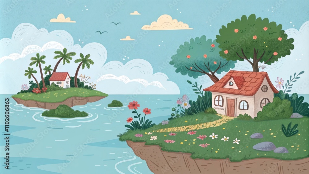 Whimsical floating islands with gentle breezes and soothing waters creating a peaceful refuge from daily stresses.