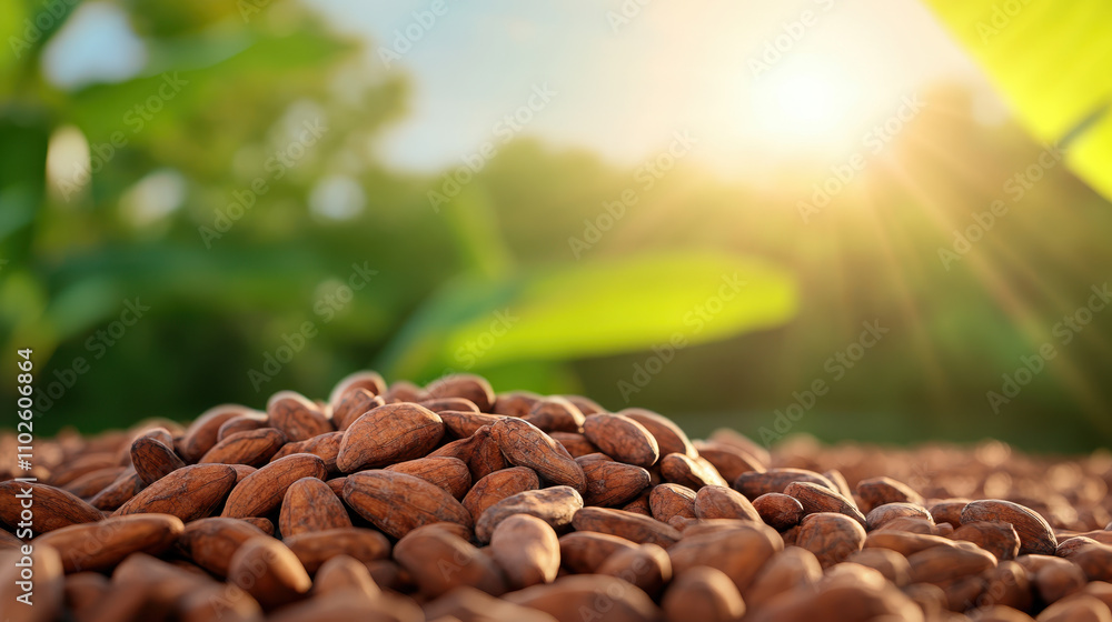 Obraz premium Fresh cocoa beans spread across vibrant banana leaves under sunlight, creating warm and inviting atmosphere. scene captures essence of nature bounty and beauty of agricultural produce