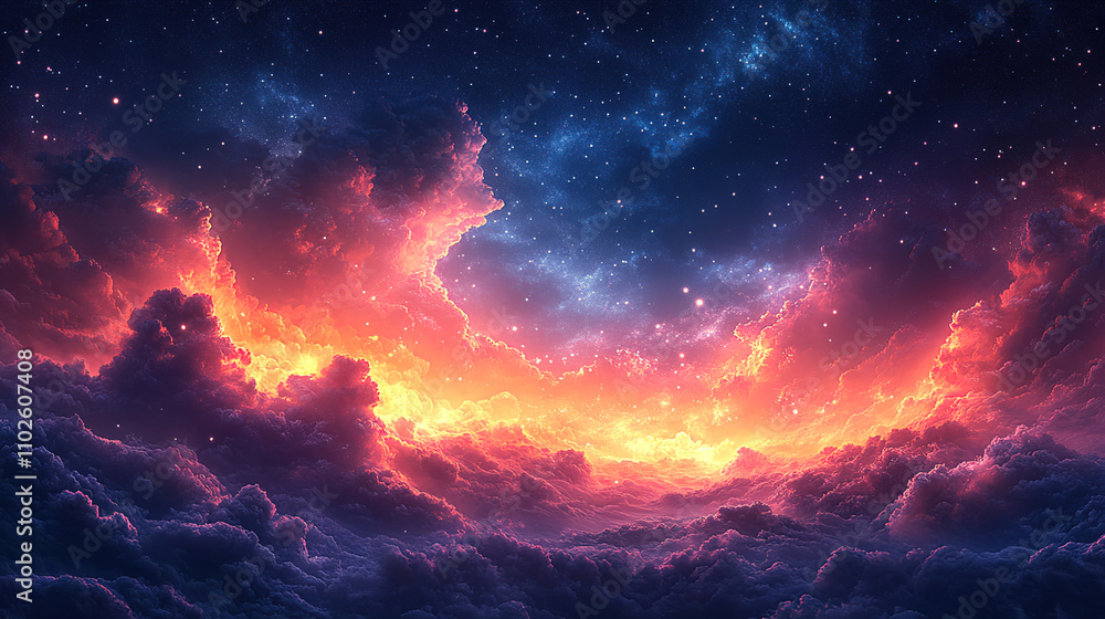 Fototapeta premium Vibrant sunset colors blend with dark clouds and stars in a stunning cosmic sky display. Generative AI