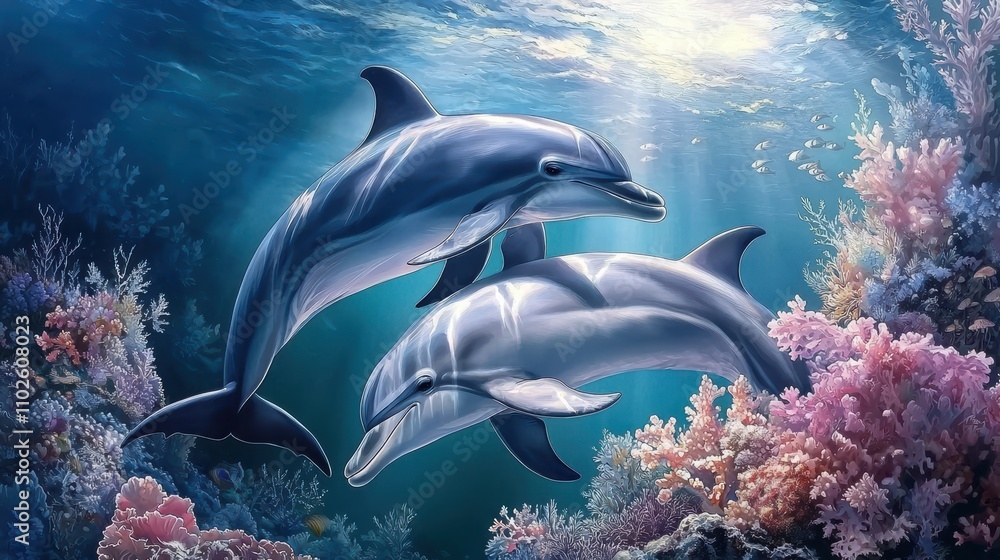 Fototapeta premium Dolphins jumping and playing in the water at loma sea underwater coral reef environment