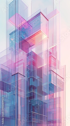 A colorful, geometric glass building design featuring layers of transparent panels in soft pastel hues, creating a visually striking and dynamic architectural form. AI generated.