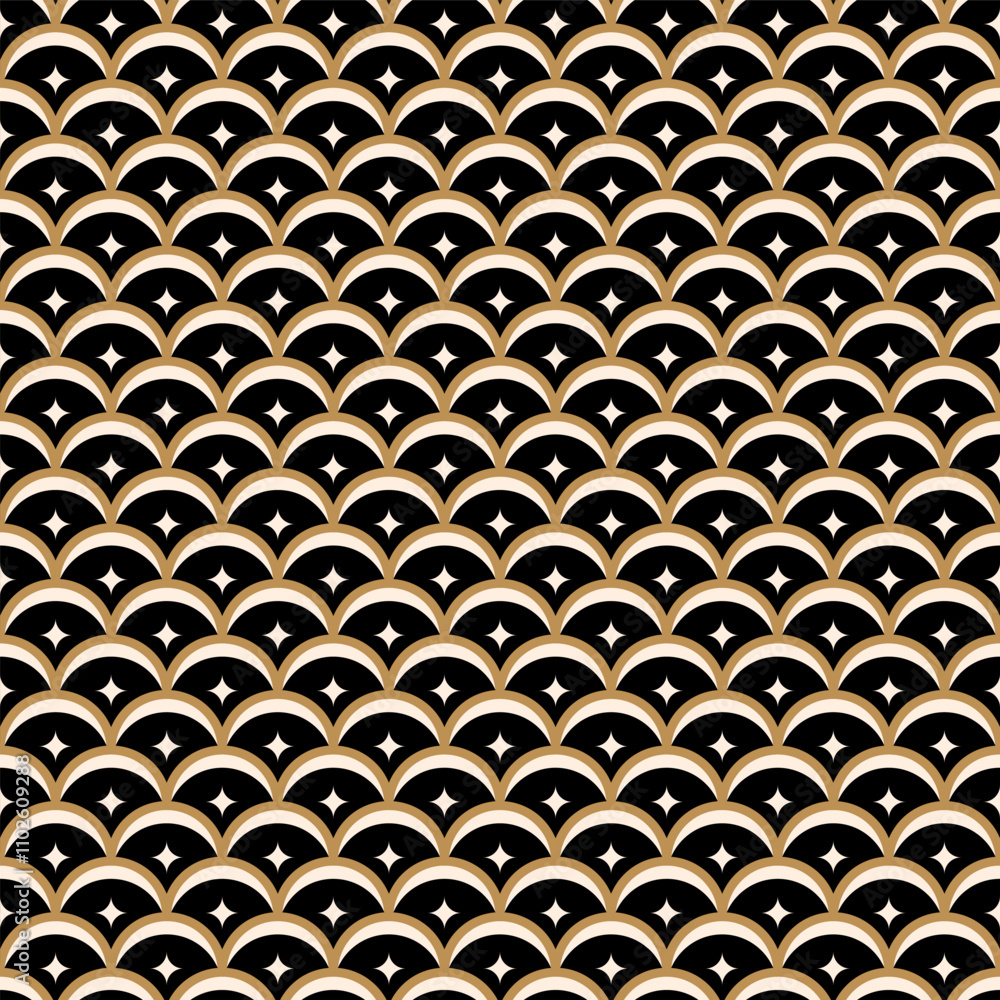 Japanese seamless pattern of gold waves and stars on black background. Asian traditional geometric texture. Luxury design for textile, clothing, fabric decor, wallpaper Japanese seamless pattern of gold waves and stars on black background. Asian traditional geometric texture. Luxury design for textile, clothing, fabric decor, wallpaper