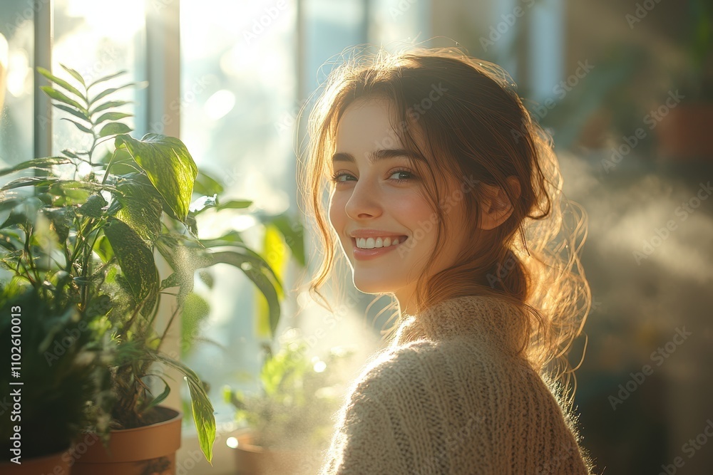 Woman smiling while caring for houseplants on a sunny windowsill Woman smiling while caring for houseplants on a sunny windowsill