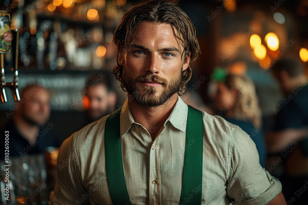 Festive bartender with shamrock pin and green suspenders in cozy pub setting Festive bartender with shamrock pin and green suspenders in cozy pub setting