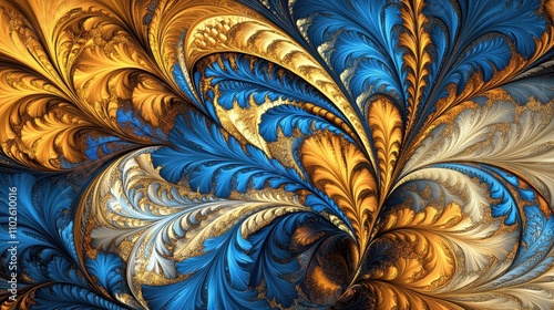 Abstract swirling gold blue and silver fractal art