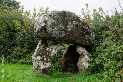 The Hanging Stone prehistoric megalithic Neolithic burial chamber dolmen near Sardis, Pembrokeshire, Wales. Capstone supported by 3 orthostats photo