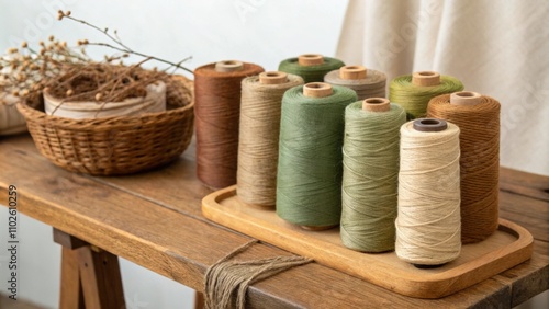 Spools of thread in earthy tones arranged on a wooden table representing the palette of natural dyes used in the slow fashion process. photo