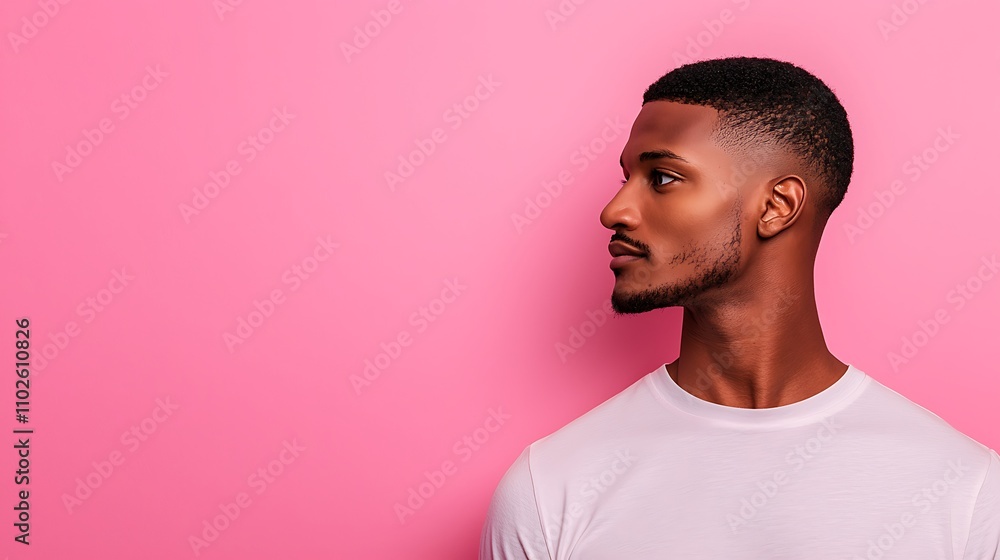 Obraz premium Handsome male model with no facial hair, wearing a plain crew-neck t-shirt, standing on a solid color background. The model is positioned to the right side of the image, tilting his face slightly 