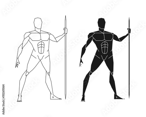 Man posing with javelin or spear. Male human body gesture drawing. Figure silhouette. Vector illustration image.