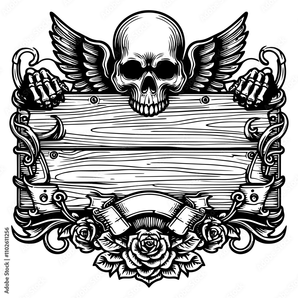 Fototapeta premium Ornate tattoo frame with eagles, feathers, and tattoo tools in black and white. Generative ai.