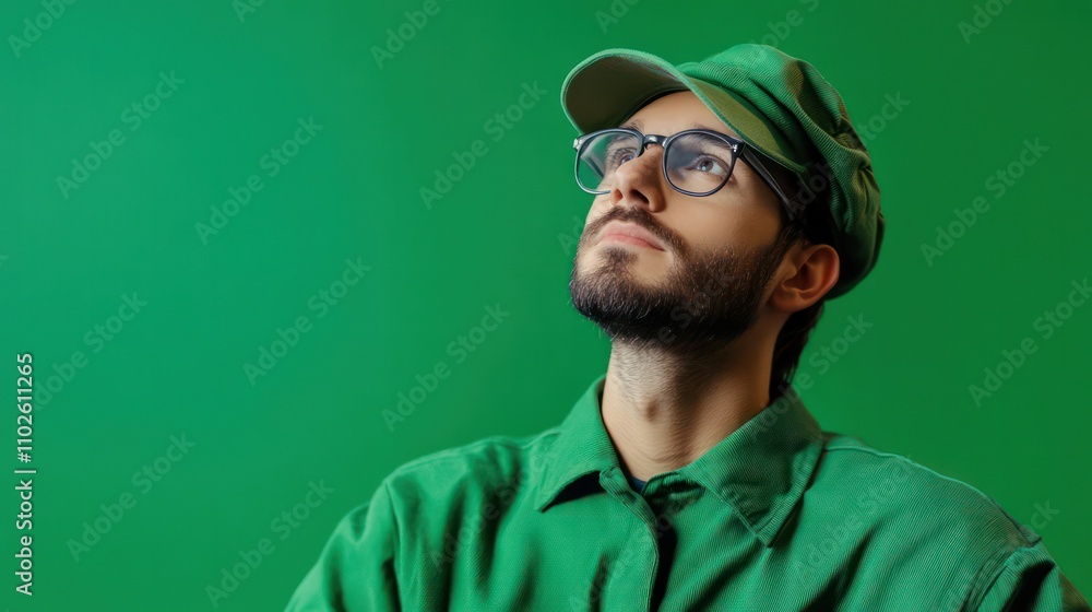 A factory employee in uniform focused on work, set on a crisp green background symbolizing efficiency A factory employee in uniform focused on work, set on a crisp green background symbolizing efficiency