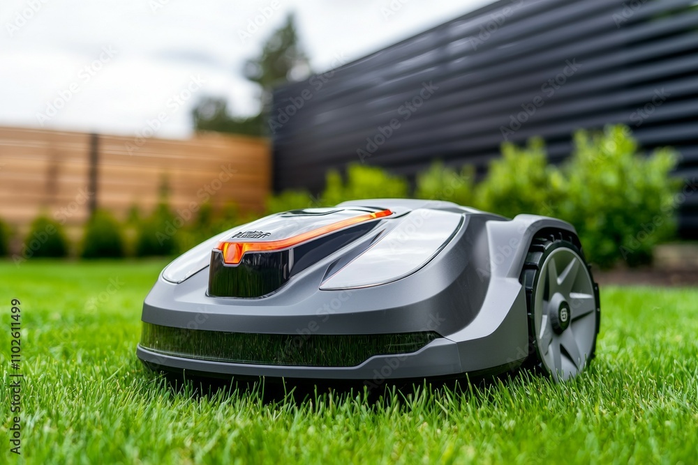 A small robot is sitting on the grass A small robot is sitting on the grass