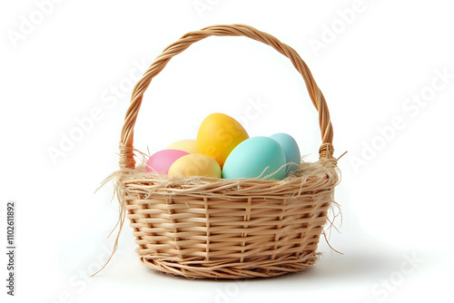 Easter basket filled with colorful eggs on a white background