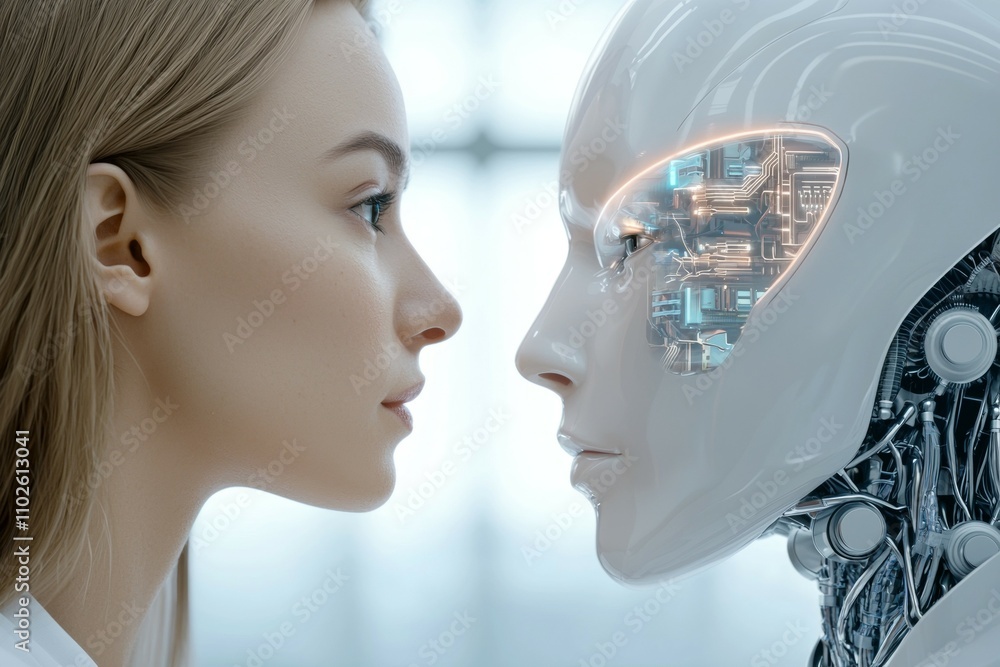 A woman is looking at a robot with a face A woman is looking at a robot with a face