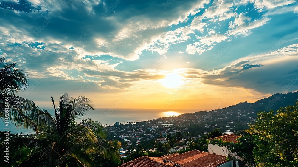 Fototapeta premium Sunset over tropical coastal city