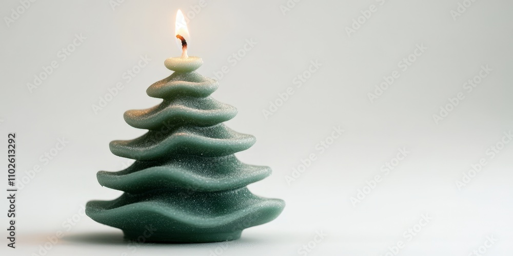 Lit Teal Christmas Tree Candle Close-Up