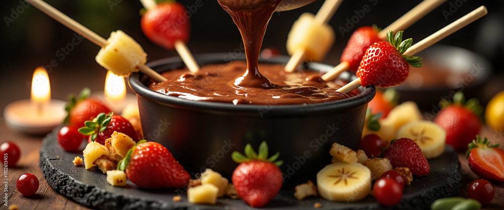 Chocolate fondue with fresh fruits and candlelight Chocolate fondue with fresh fruits and candlelight