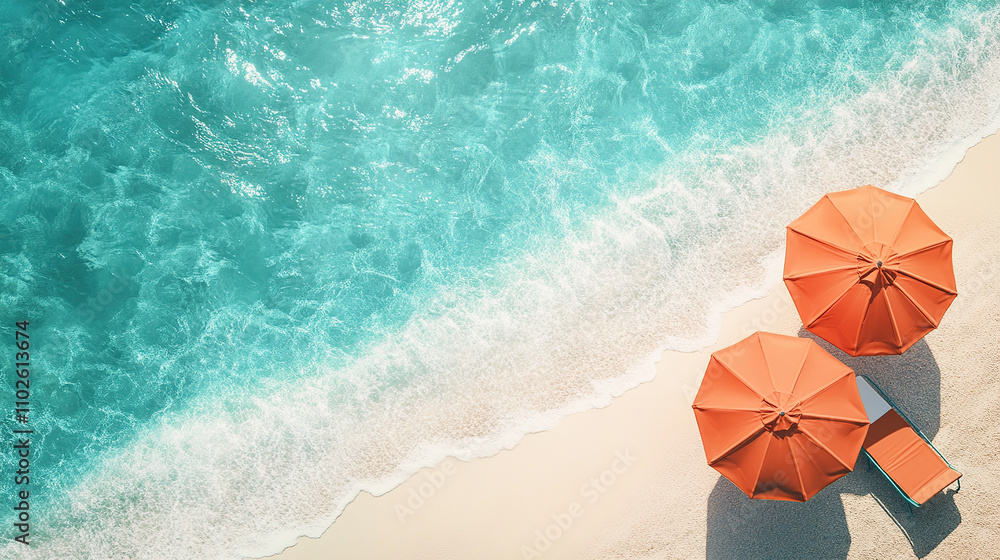 Naklejka premium Beautiful beach with turquoise water and orange umbrellas, view from above, summer vacation concept banner background