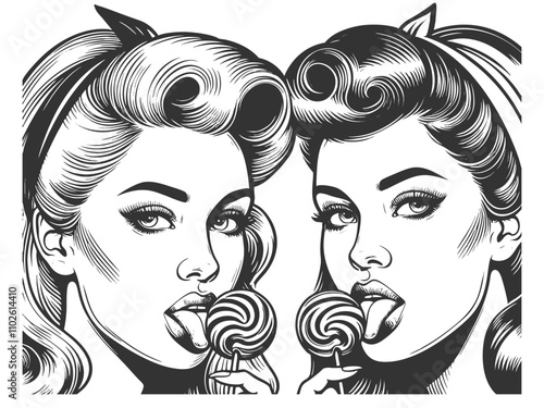 pin-up girls enjoying lollipops, showcasing vintage aesthetics sketch engraving generative ai fictional character vector illustration. Scratch board imitation. Black and white image.