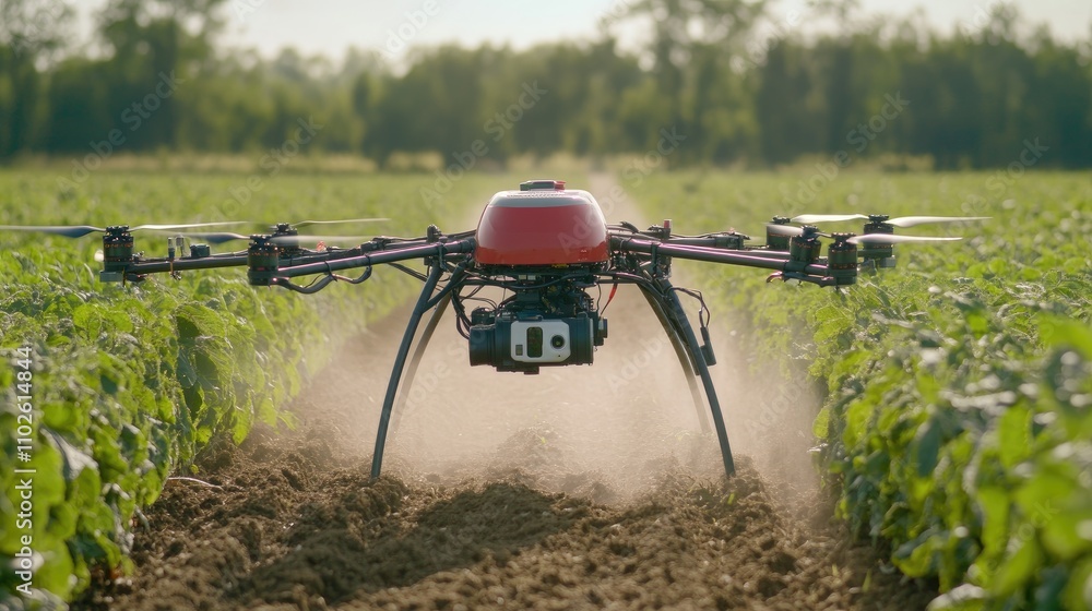 Diagonal View of Drone with Cameras and Sprayer Flying Over Field to Spray, Sharp Focus on Agricultural Use Diagonal View of Drone with Cameras and Sprayer Flying Over Field to Spray, Sharp Focus on Agricultural Use
