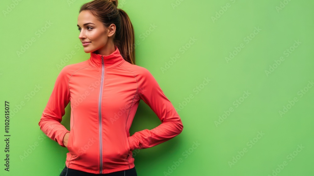 A health coach guiding a fitness session, standing confidently on a vibrant green background for wellness A health coach guiding a fitness session, standing confidently on a vibrant green background for wellness