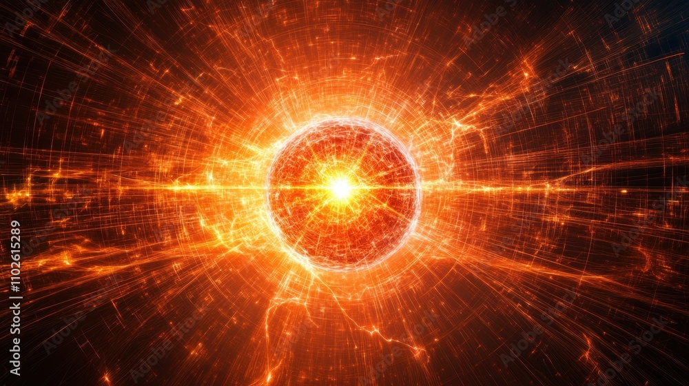 Abstract depiction of a glowing energy sphere at the center of a vibrant explosion of light and particles, illustrating concepts of power, dynamism, and cosmic phenomena Abstract depiction of a glowing energy sphere at the center of a vibrant explosion of light and particles, illustrating concepts of power, dynamism, and cosmic phenomena