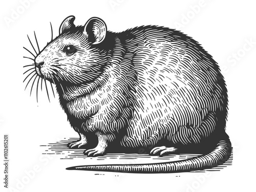plump chubby rat, intricate linework and shading, showcasing a whimsical and humorous design sketch engraving generative ai vector illustration. Scratch board imitation. Black and white image