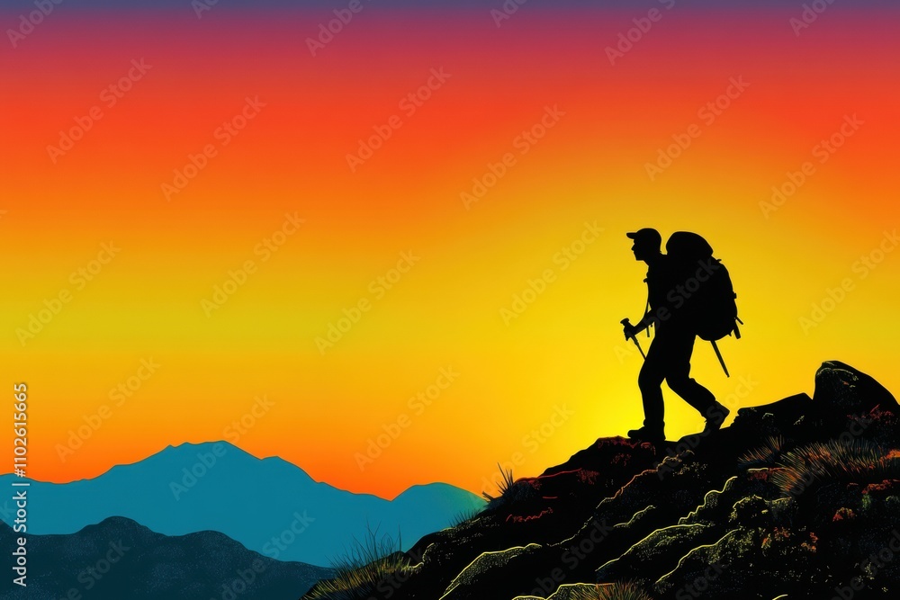 A silhouetted hiker ascends a rocky peak against a vibrant sunset backdrop. A silhouetted hiker ascends a rocky peak against a vibrant sunset backdrop.