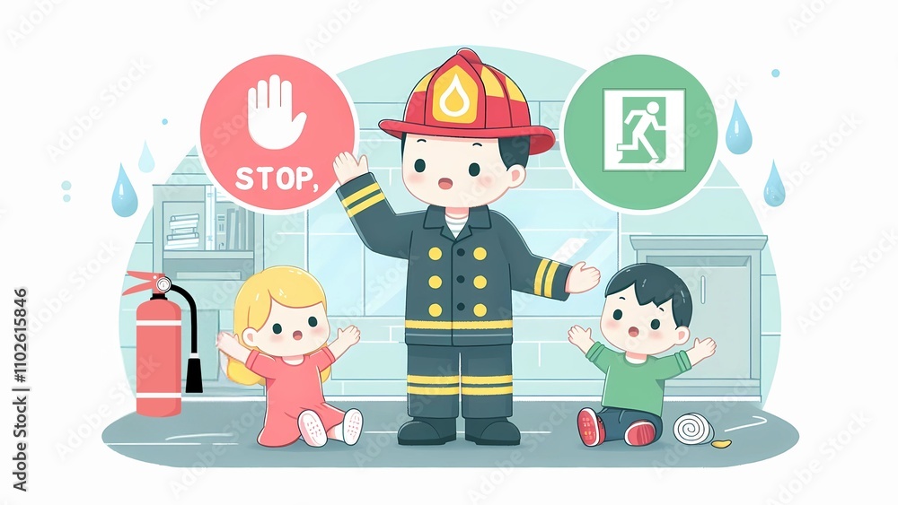 Obraz premium Firefighter Teaching Kids to Stop and Exit Safely