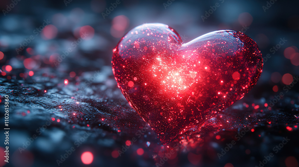 Glowing red heart with sparkling details set against a dark, textured background. Generative AI Glowing red heart with sparkling details set against a dark, textured background. Generative AI