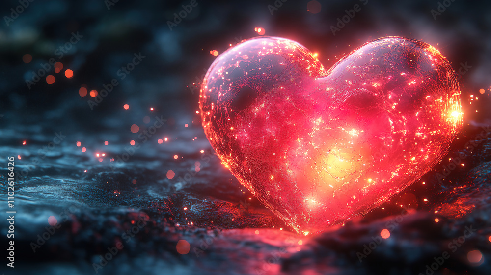 Glowing red heart surrounded by shimmering particles at night on a textured surface. Generative AI Glowing red heart surrounded by shimmering particles at night on a textured surface. Generative AI