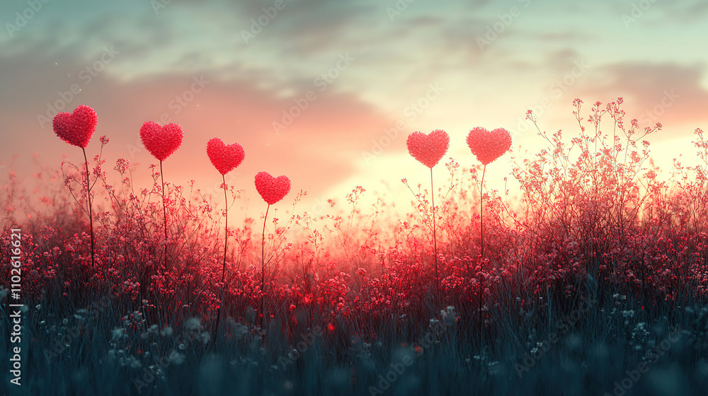 Colorful heart-shaped flowers standing in a vibrant field during sunset near a beautiful horizon. Generative AI Colorful heart-shaped flowers standing in a vibrant field during sunset near a beautiful horizon. Generative AI