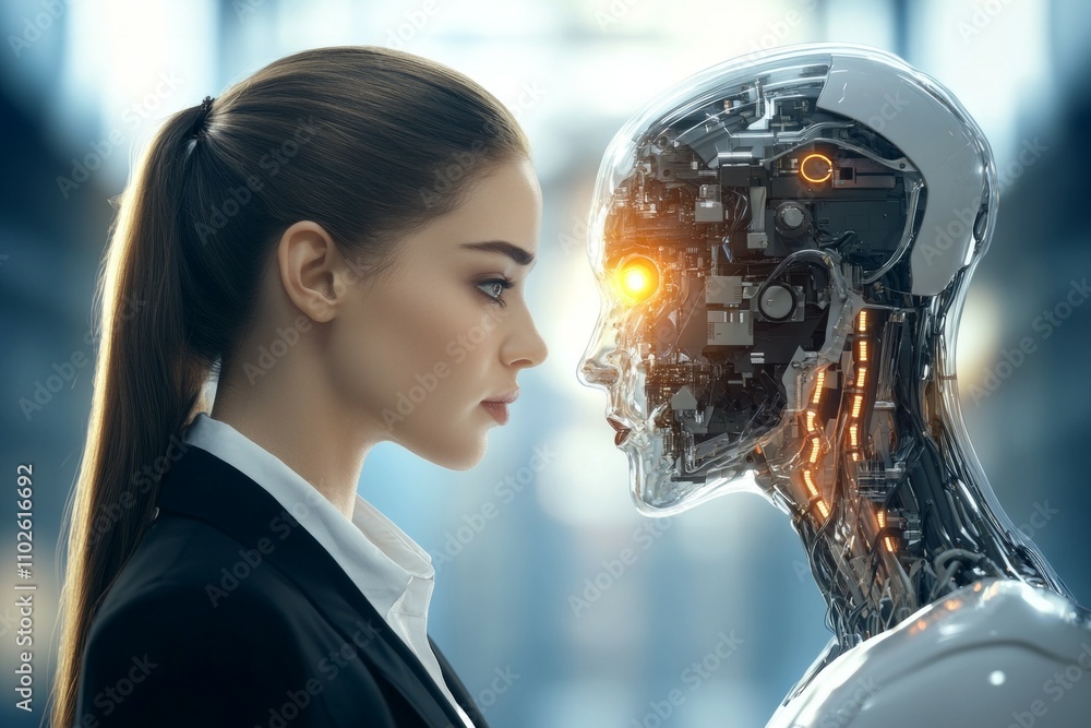 A woman is looking at a robot with a surprised expression A woman is looking at a robot with a surprised expression