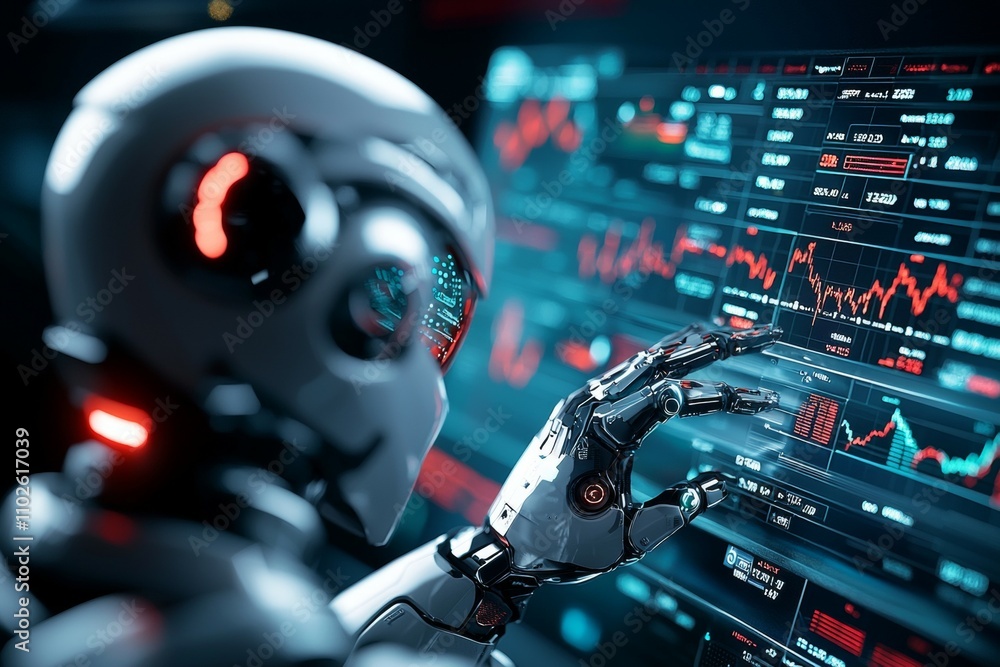 A robot is using a computer to look at a screen with a lot of numbers A robot is using a computer to look at a screen with a lot of numbers