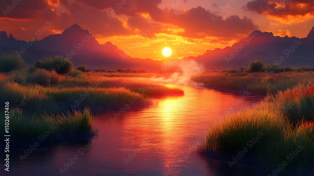Fototapeta premium Fiery Sunset Landscape Illustration