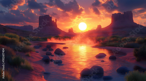 Sunset River Landscape, 3D ...