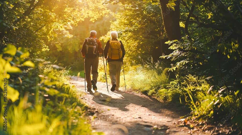 Two mature hikers walking on a peaceful forest trail surrounded by lush green trees and sunlit scenery They are carrying backpacks and using walking sticks Two mature hikers walking on a peaceful forest trail surrounded by lush green trees and sunlit scenery They are carrying backpacks and using walking sticks