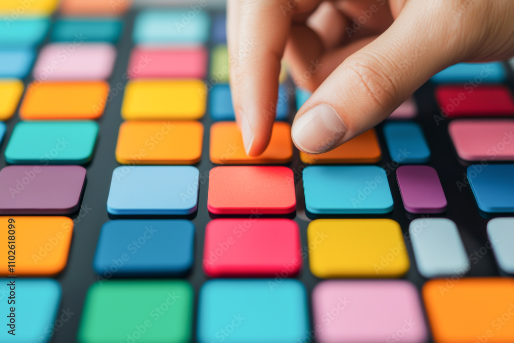 A close-up of a hand pressing colorful buttons on a digital interface. A close-up of a hand pressing colorful buttons on a digital interface.