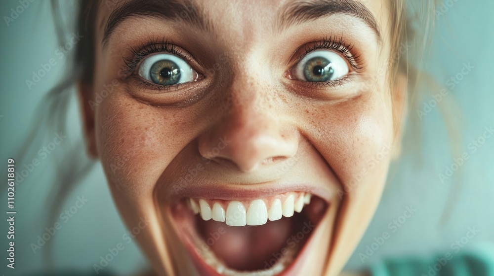 A close-up portrait of a person with wide eyes and a huge grin, radiating excitement and positivity A close-up portrait of a person with wide eyes and a huge grin, radiating excitement and positivity