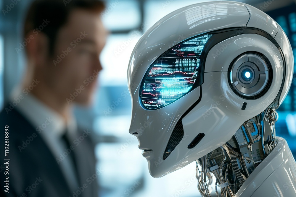 A man is standing in front of a robot with a blue face A man is standing in front of a robot with a blue face
