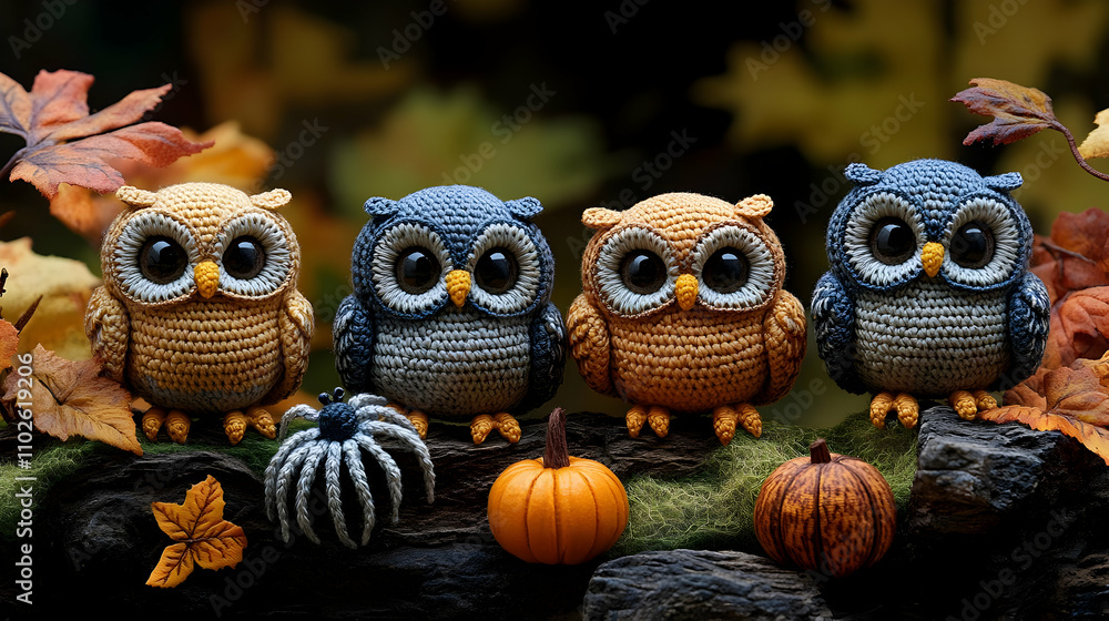 Fototapeta premium Adorable Crochet Owl Autumn Illustration