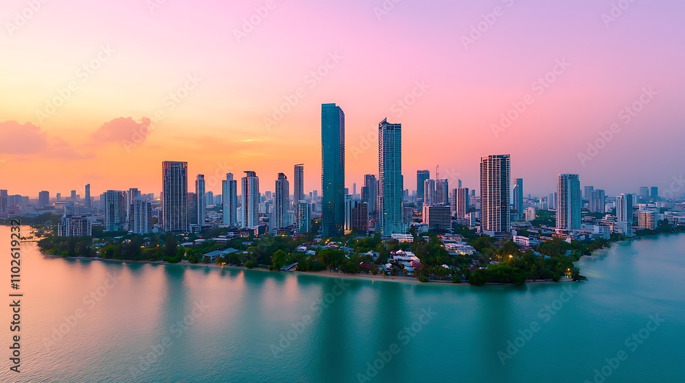 Modern Thai real estate skyline featuring a mix of high-rise condominiums, luxury villas, and traditional architecture under a vibrant sunset. Lush greenery and palm trees in the foreground, Modern Thai real estate skyline featuring a mix of high-rise condominiums, luxury villas, and traditional architecture under a vibrant sunset. Lush greenery and palm trees in the foreground,
