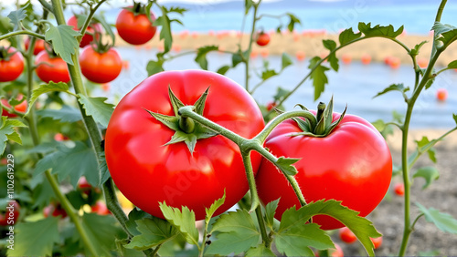 very red, big 2 rotund bambino tomatoes in the foreground, tomato leaves, charming, warm, more tomatoes, field, Mediterranean sea, bambino tomatoes photo