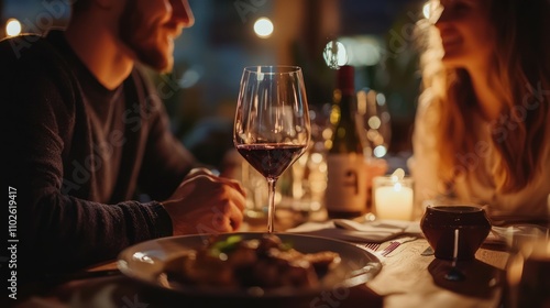 A cozy dinner date setting in a restaurant, with a couple enjoying each otherâ€™s company over a meal