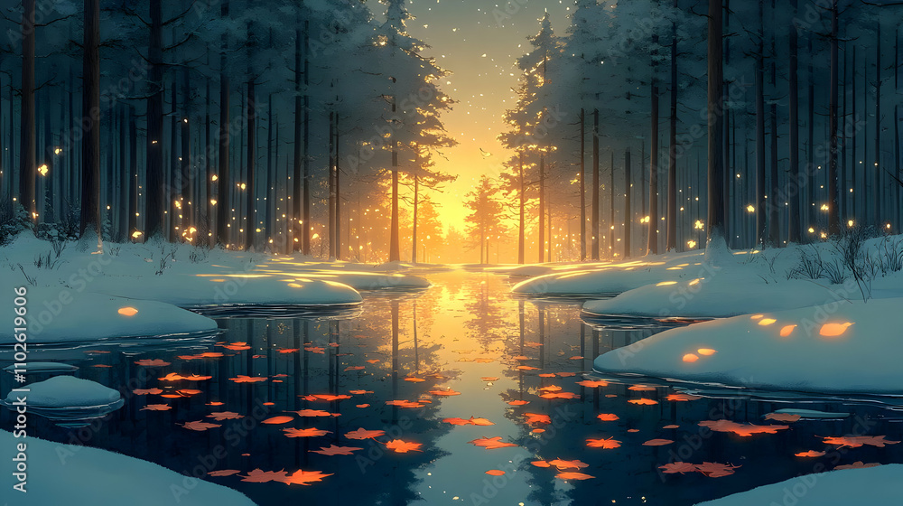 Naklejka premium Winter Forest Stream Illustration
