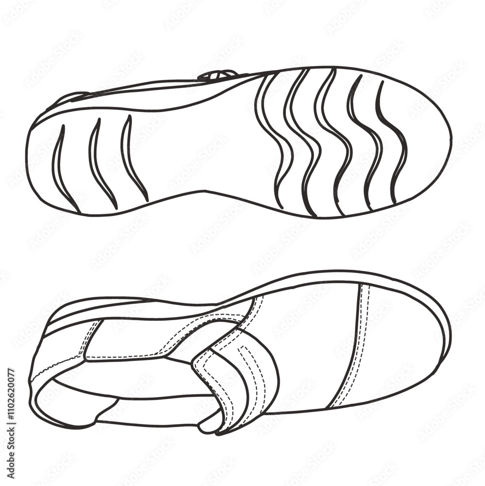 Women's Slip on Loafer Casual Shoes Line art, Technical sketch hand drawing outline vector doodle top and bottom view isolated on white background for coloring page Women's Slip on Loafer Casual Shoes Line art, Technical sketch hand drawing outline vector doodle top and bottom view isolated on white background for coloring page